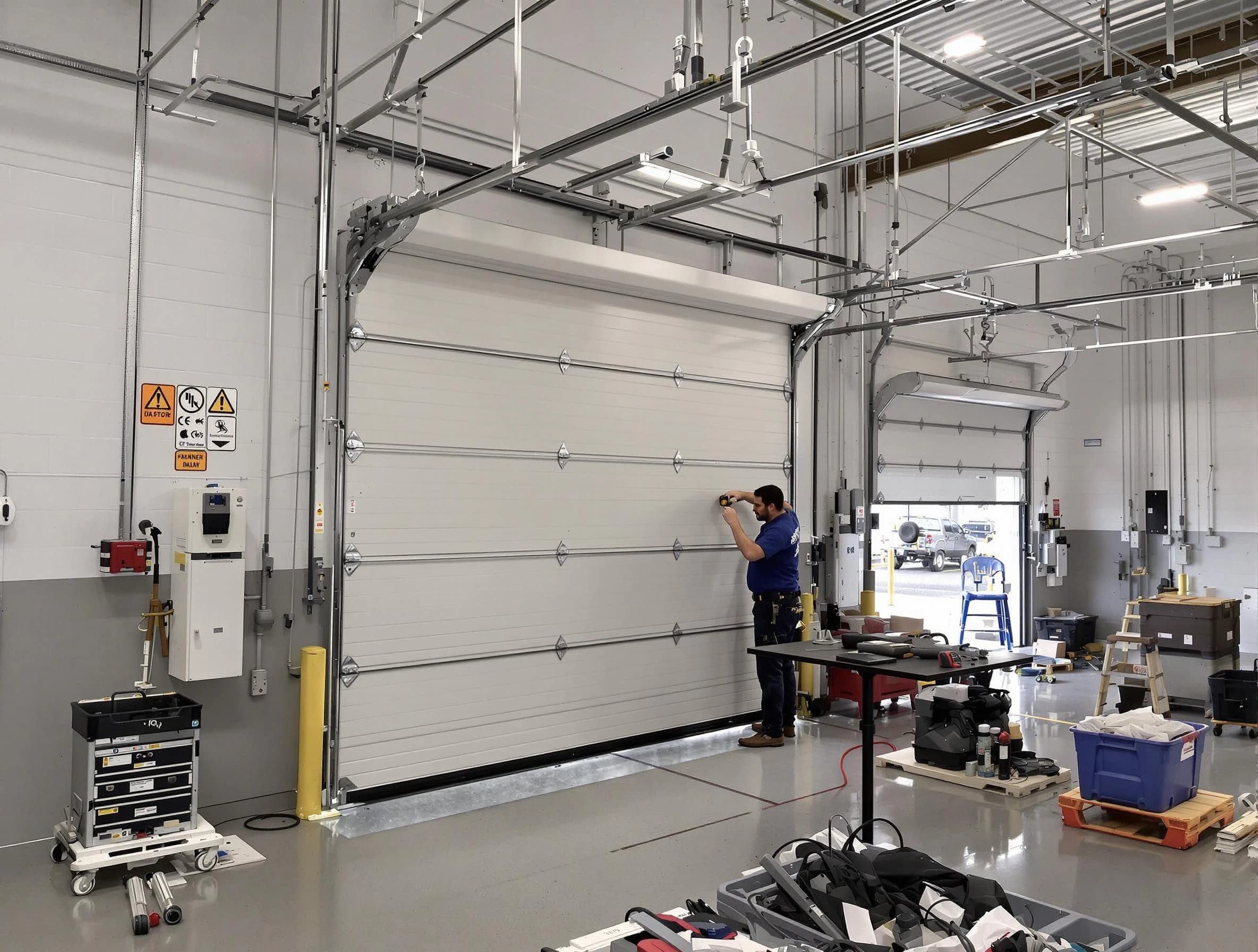 Commercial garage door repair being performed by Lehi Garage Door Repair expert in Lehi