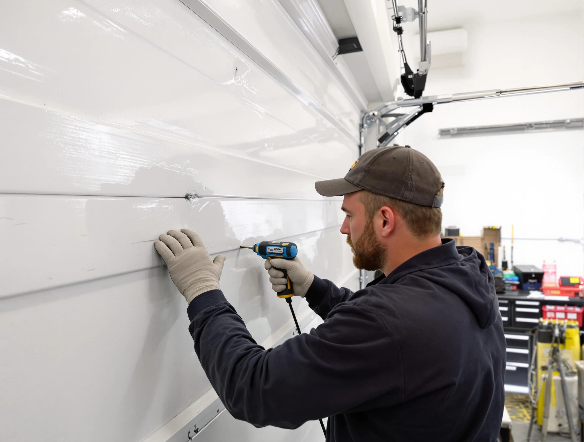 Lehi Garage Door Repair technician demonstrating precision dent removal techniques on a Lehi garage door