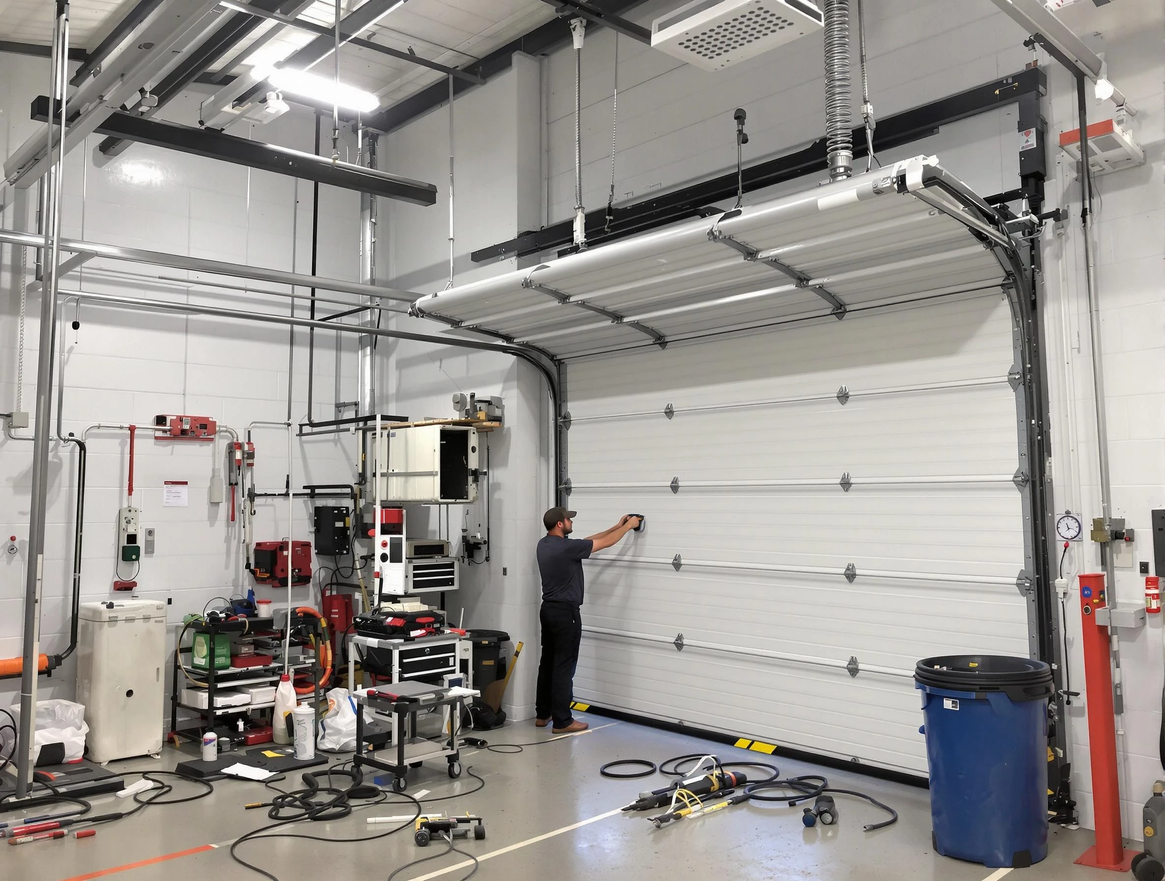 Lehi Garage Door Repair certified technician performing commercial door repair at a Lehi business facility